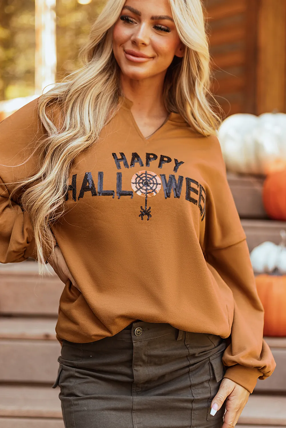 Sequin Letter Graphic Notched Long Sleeve Sweatshirt, image 4