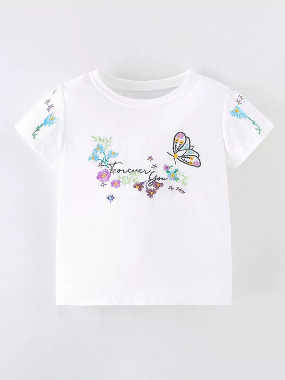 Children's Floral Butterfly Embroidered Short Sleeve T-Shirt
