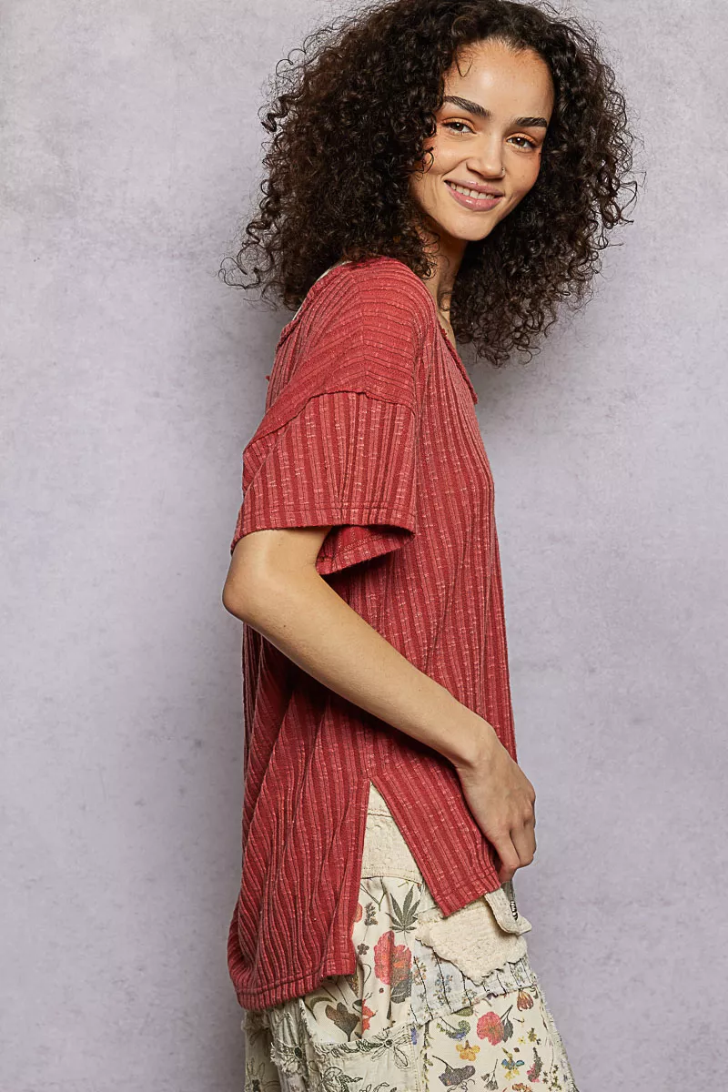 Ribbed Knit V-Neck Short Sleeve T-Shirt with Side Slit, image 4