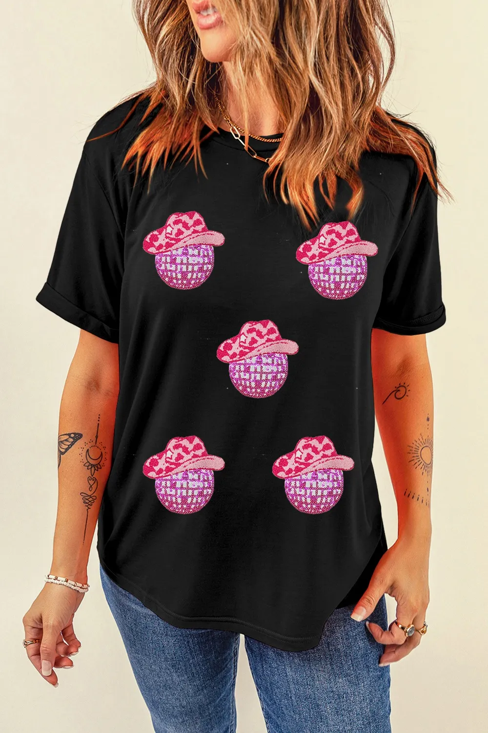 Cowboy Hat Disco Ball Patched Round Neck T-Shirt, image 4