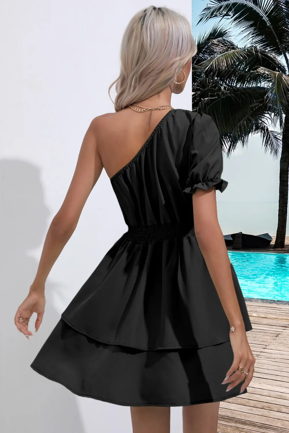 Layered Single Shoulder Flounce Sleeve Mini Dress, image 15