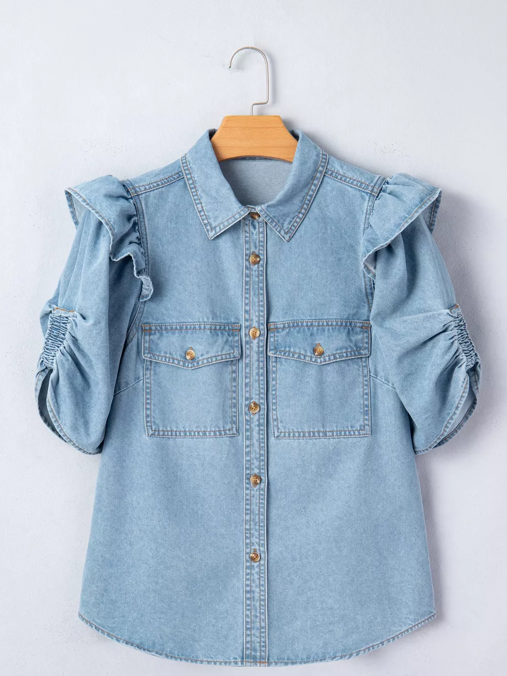 Ruffled Button-Down Denim Shirt, image 5