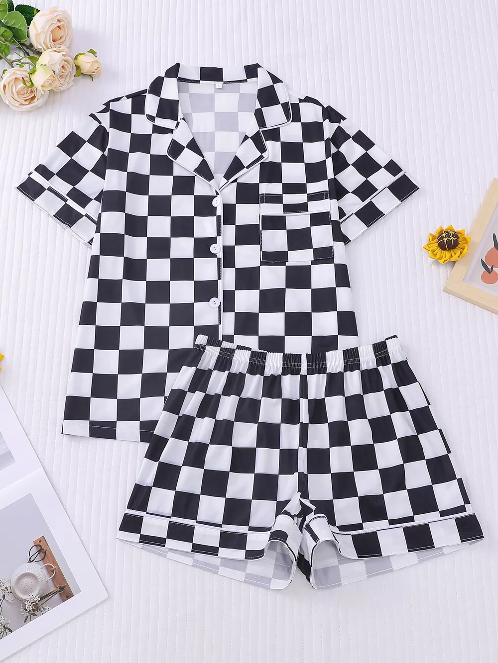 Checkered Print Button Up Top and Shorts Lounge Set