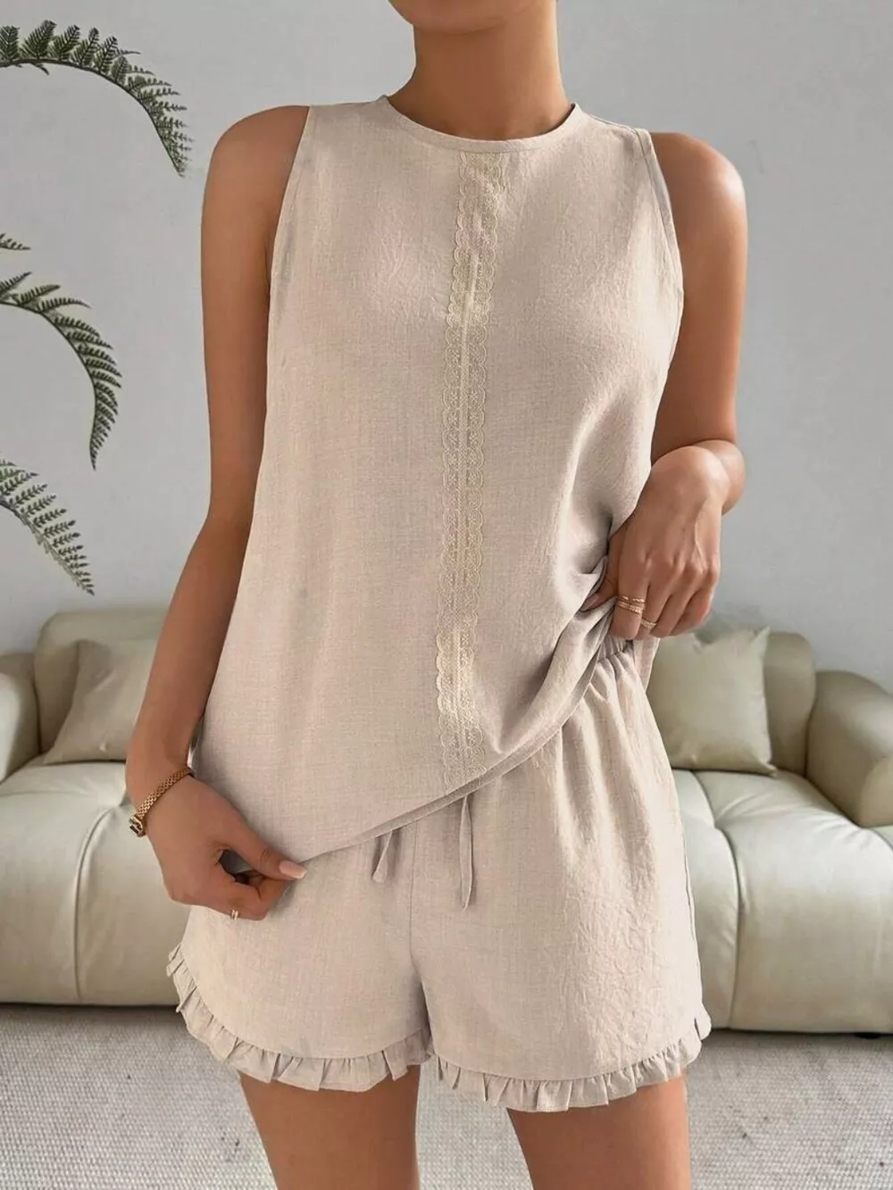 Lace Detail Round Neck Tank and Shorts Set, image 9