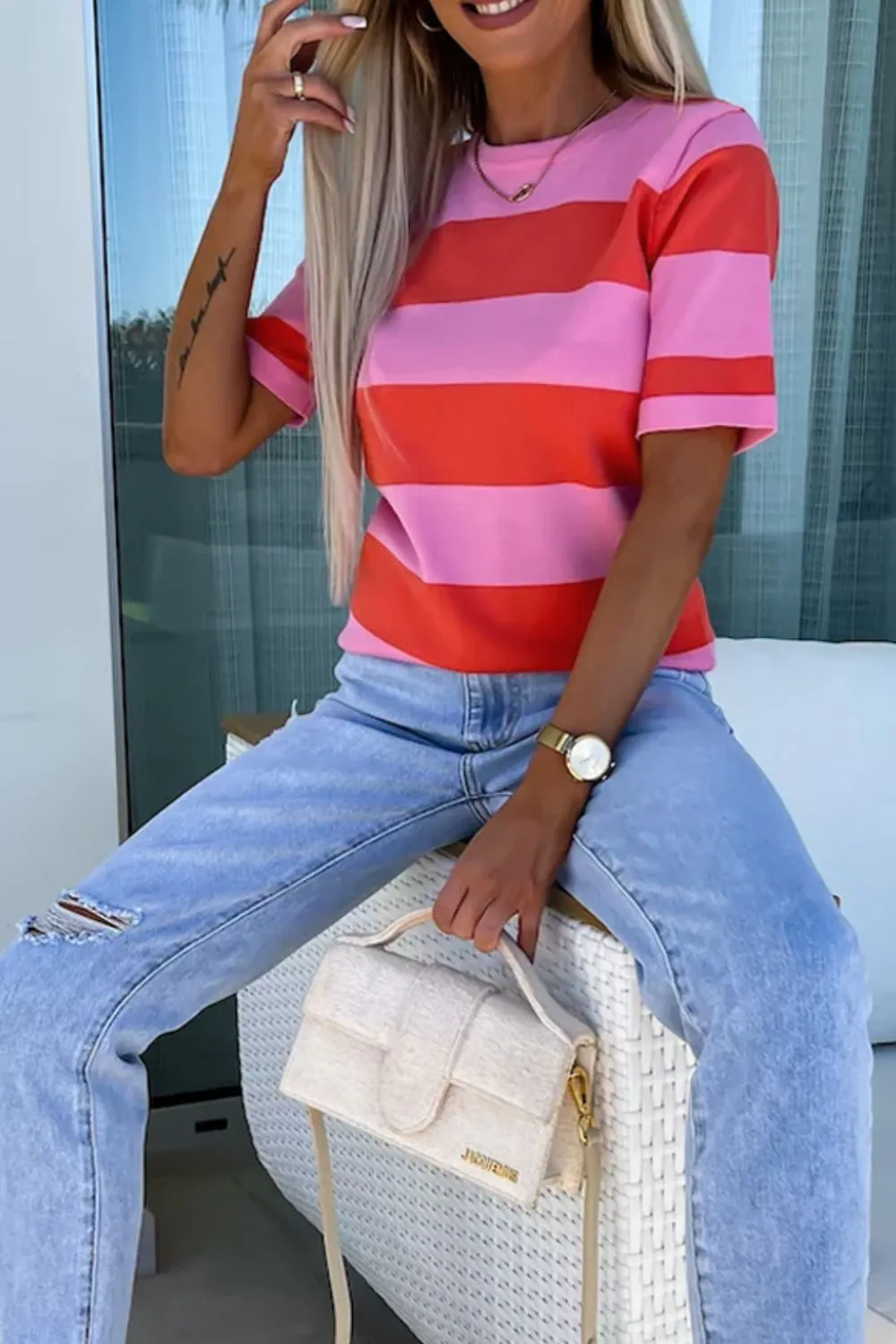 Color Block Round Neck Half Sleeve Top, image 3