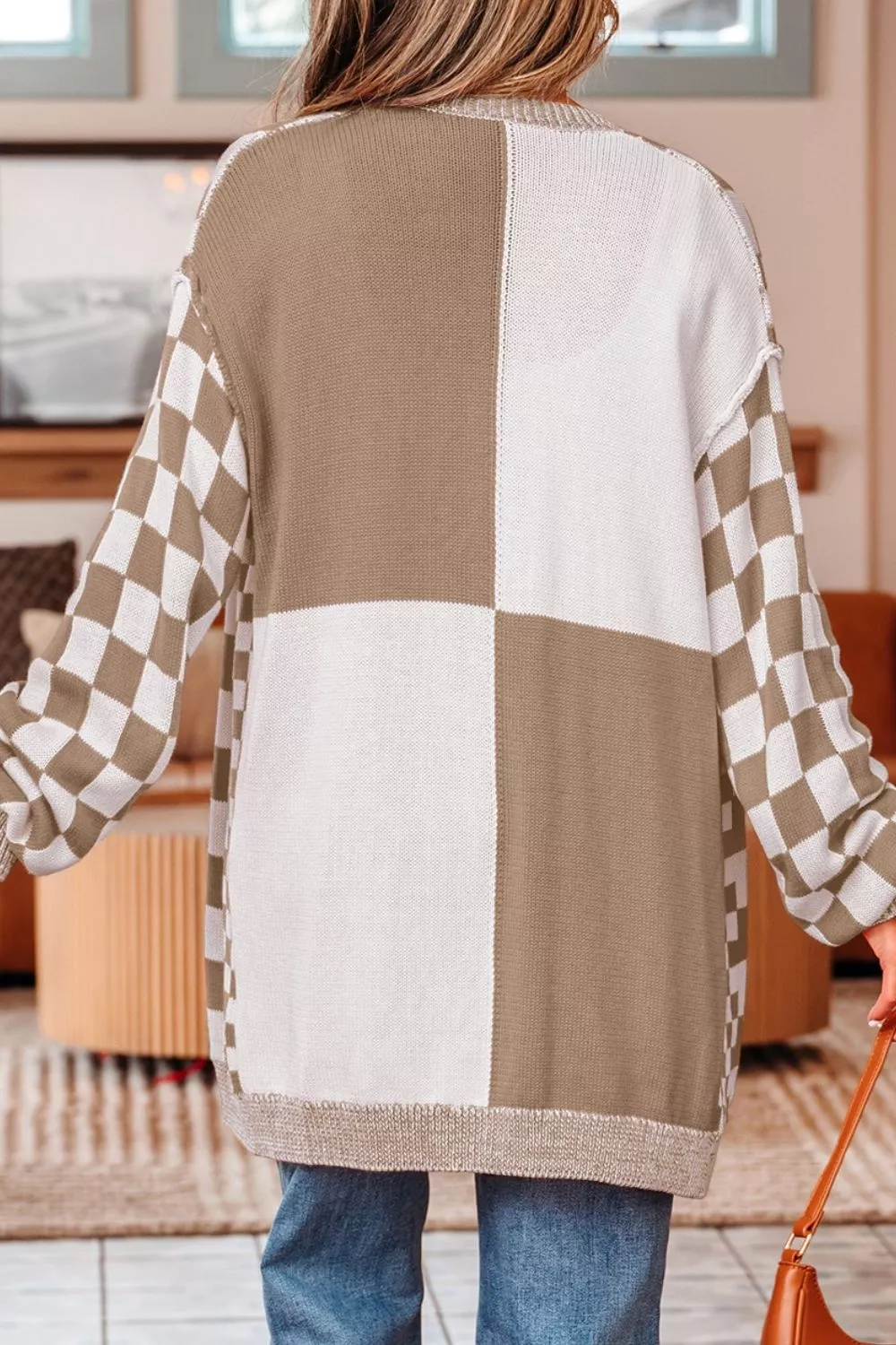 Checkerboard Print Open Front Knit Cardigan, image 6