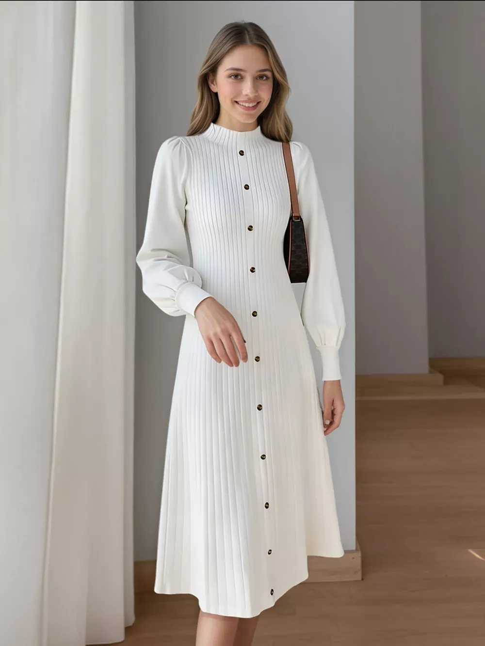 Ribbed Knit Mock Neck Midi Dress, image 7