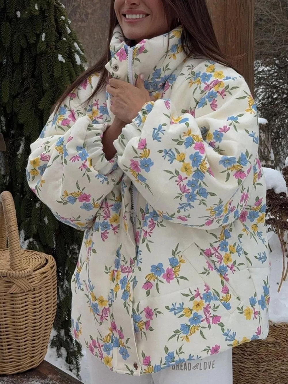 Floral Print Stand Collar Puffer Jacket, image 5