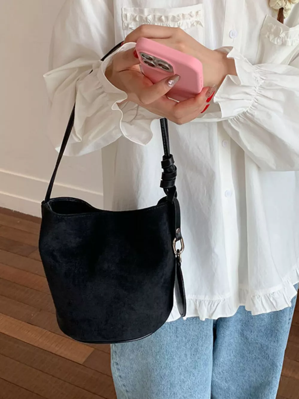 Suede Solid Color Bucket Bag, image 7