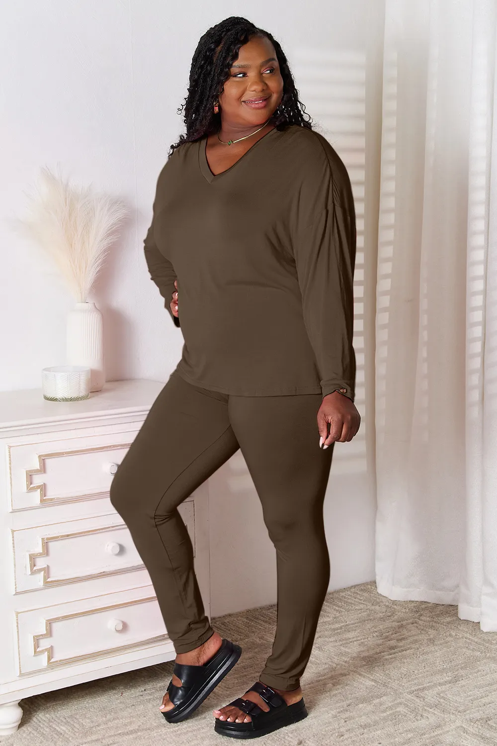 Bamboo Full Size V-Neck Long Sleeve Top and Pants Lounge Set, image 4