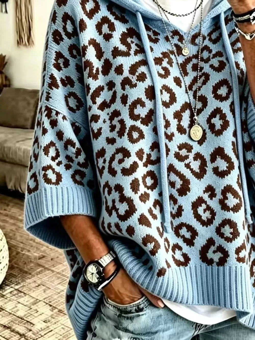 Leopard Print Hooded Knit Sweater, image 8