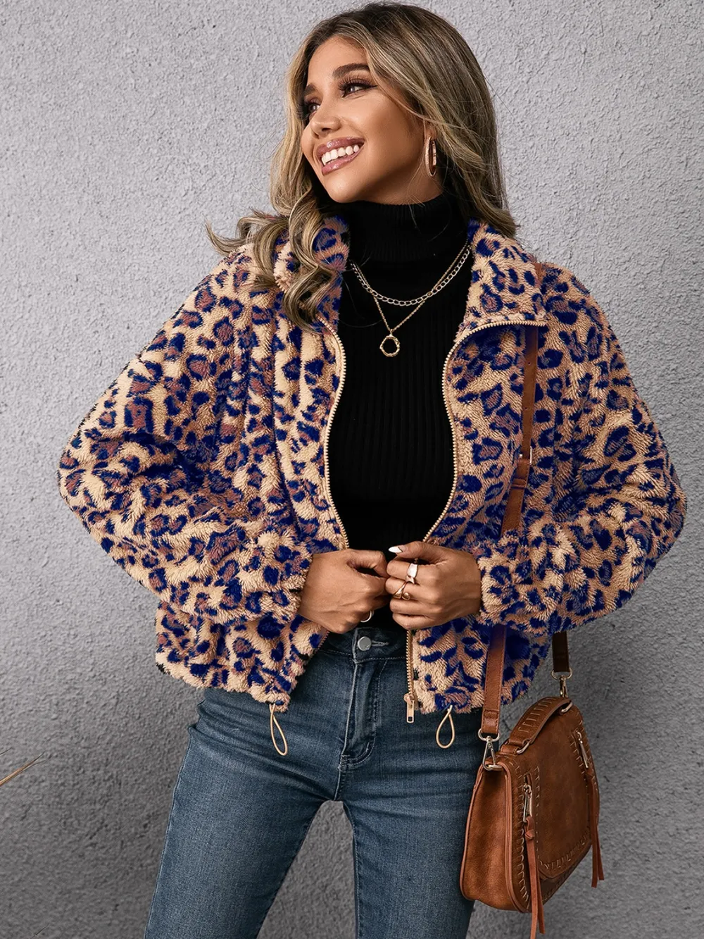 Drawstring Leopard Zip Up Jacket, image 3