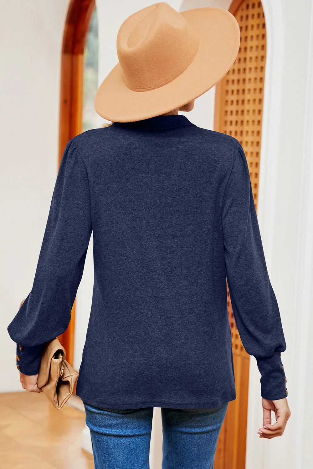Decorative Button Johnny Collar Lantern Sleeve Blouse, image 3