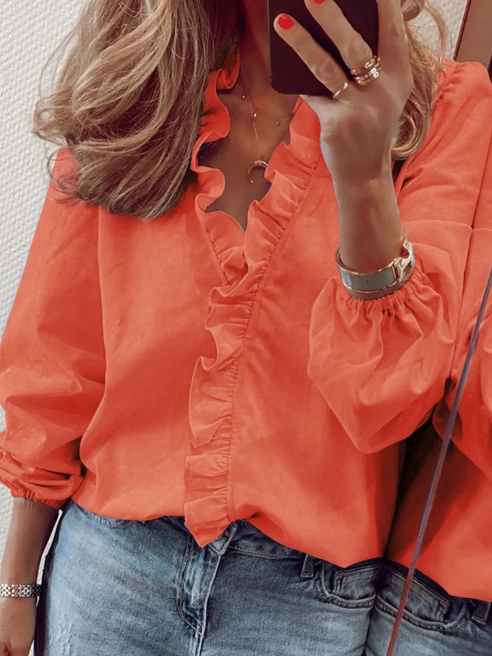 Ruffled V-Neck Long Sleeve Blouse, image 11