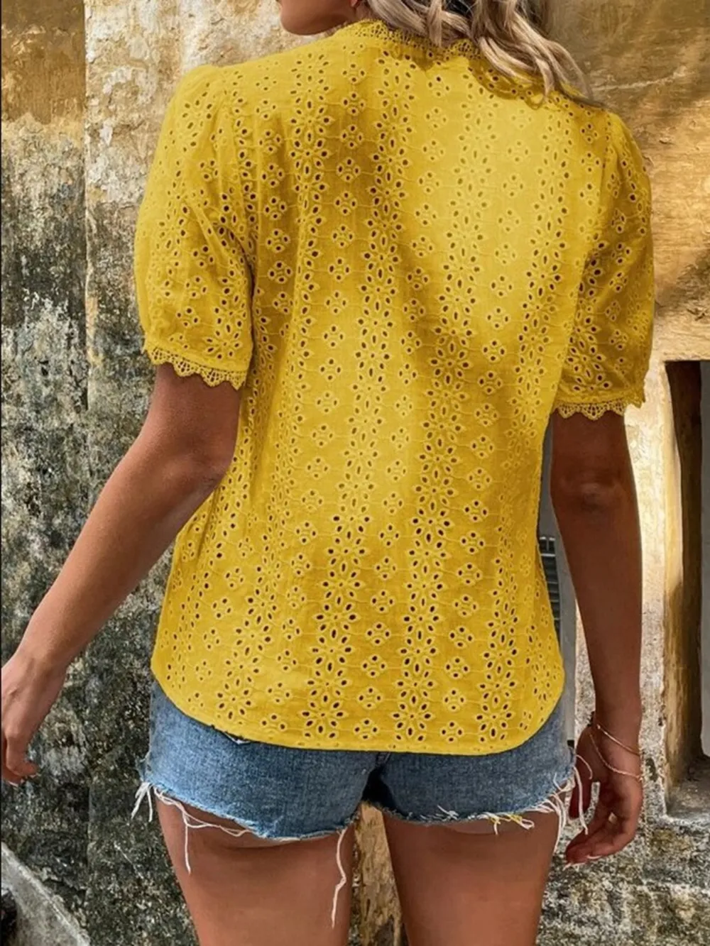 Full Size Lace Detail Eyelet V-Neck Short Sleeve Blouse Plus Size, image 8