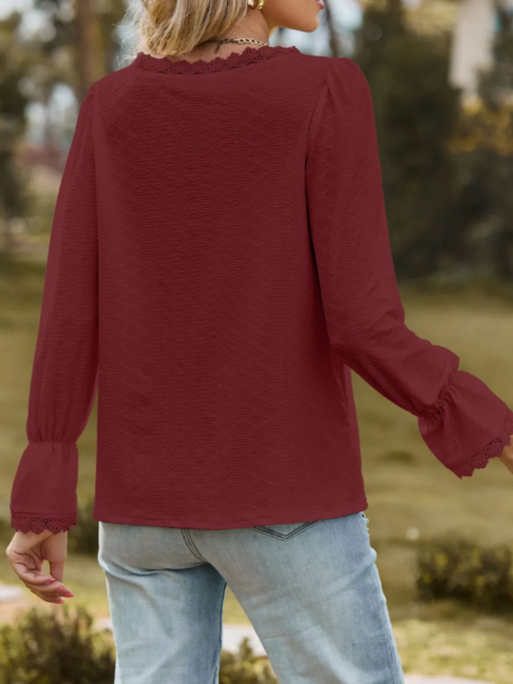 Lace Trim V-Neck Blouse with Flounce Sleeves, image 20