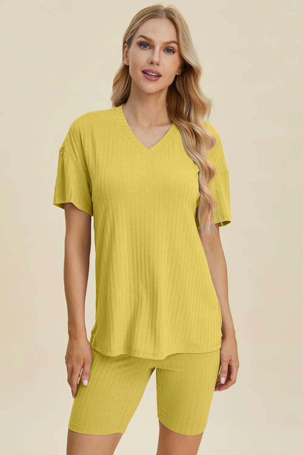 Full Size Ribbed V-Neck Short Sleeve Top and Shorts Set, image 12