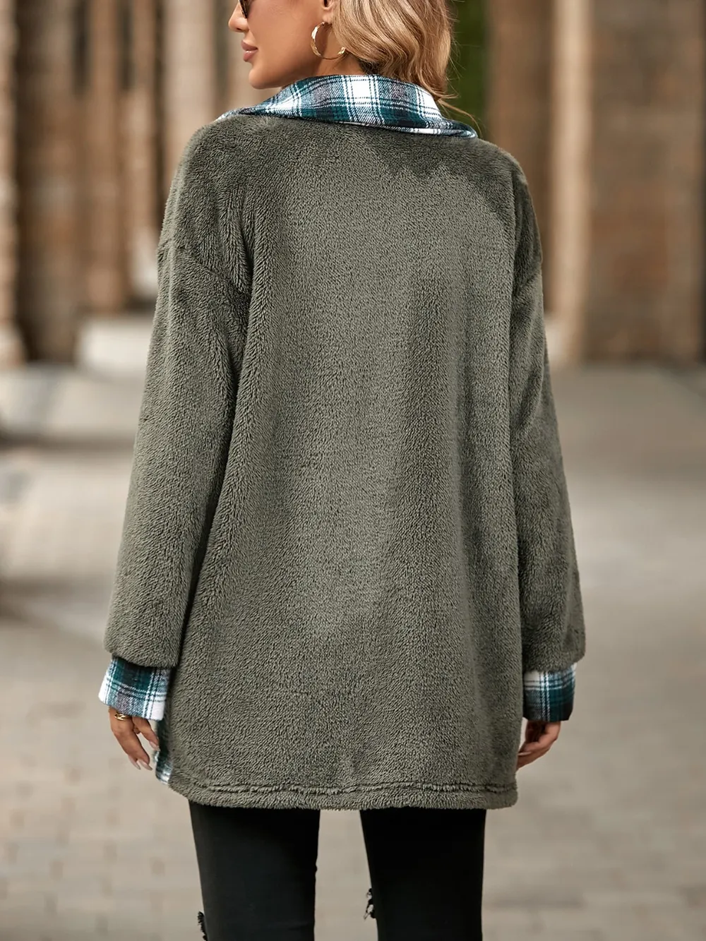 Plaid Contrast Dropped Shoulder Coat, image 14