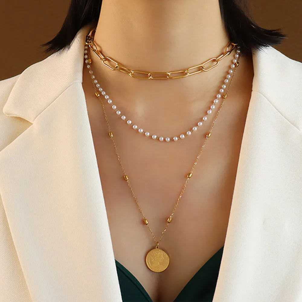 Synthetic Pearl Titanium Steel Three-Layered Necklace, image 3