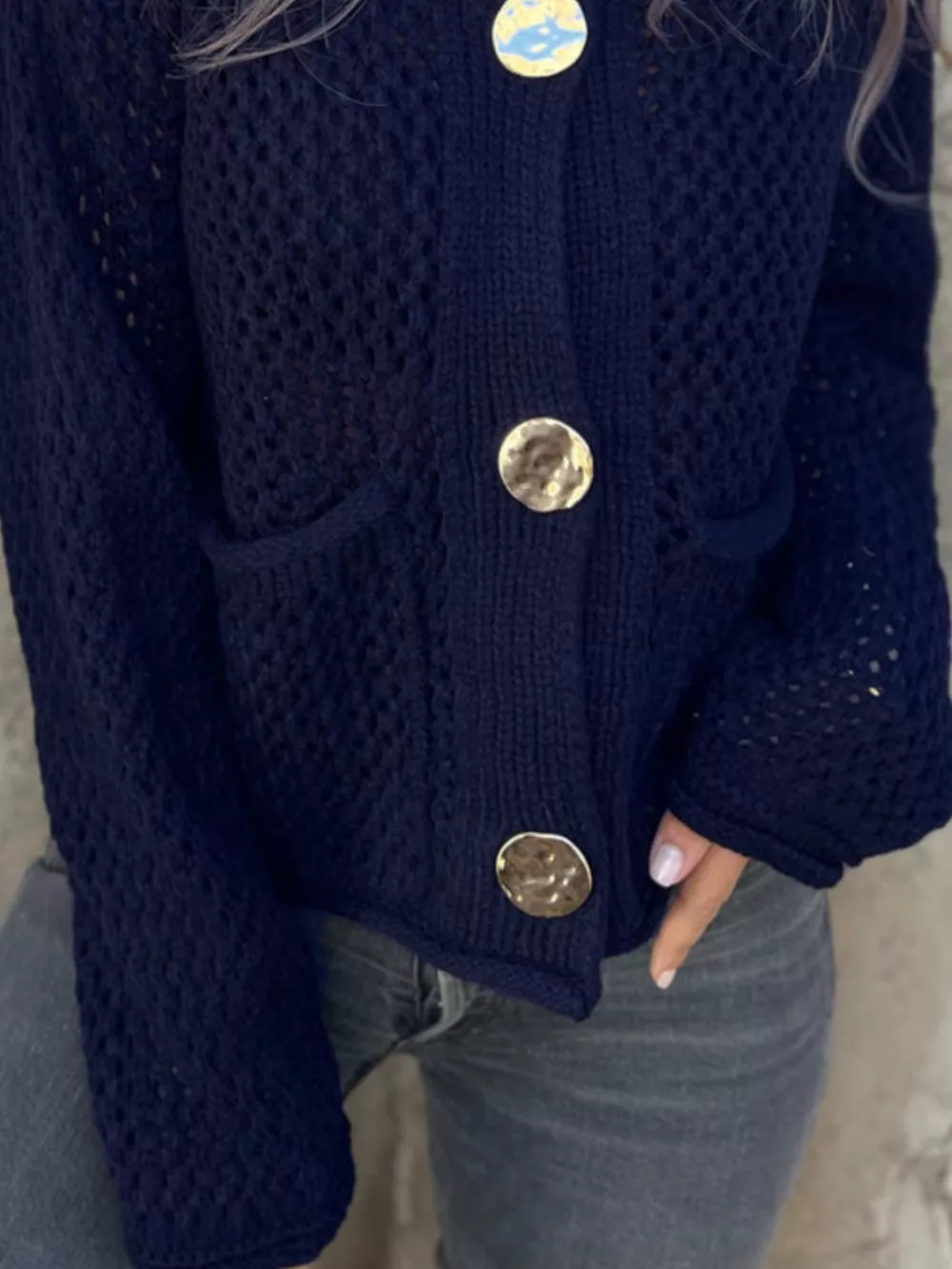 Crochet Button Up Long Sleeve Cardigan, image 6
