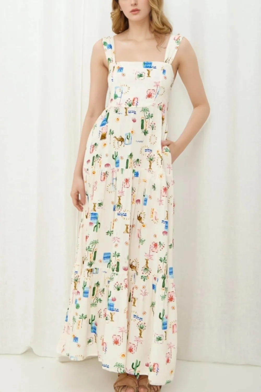 Printed Square Neck Wide Strap Maxi Dress, image 2