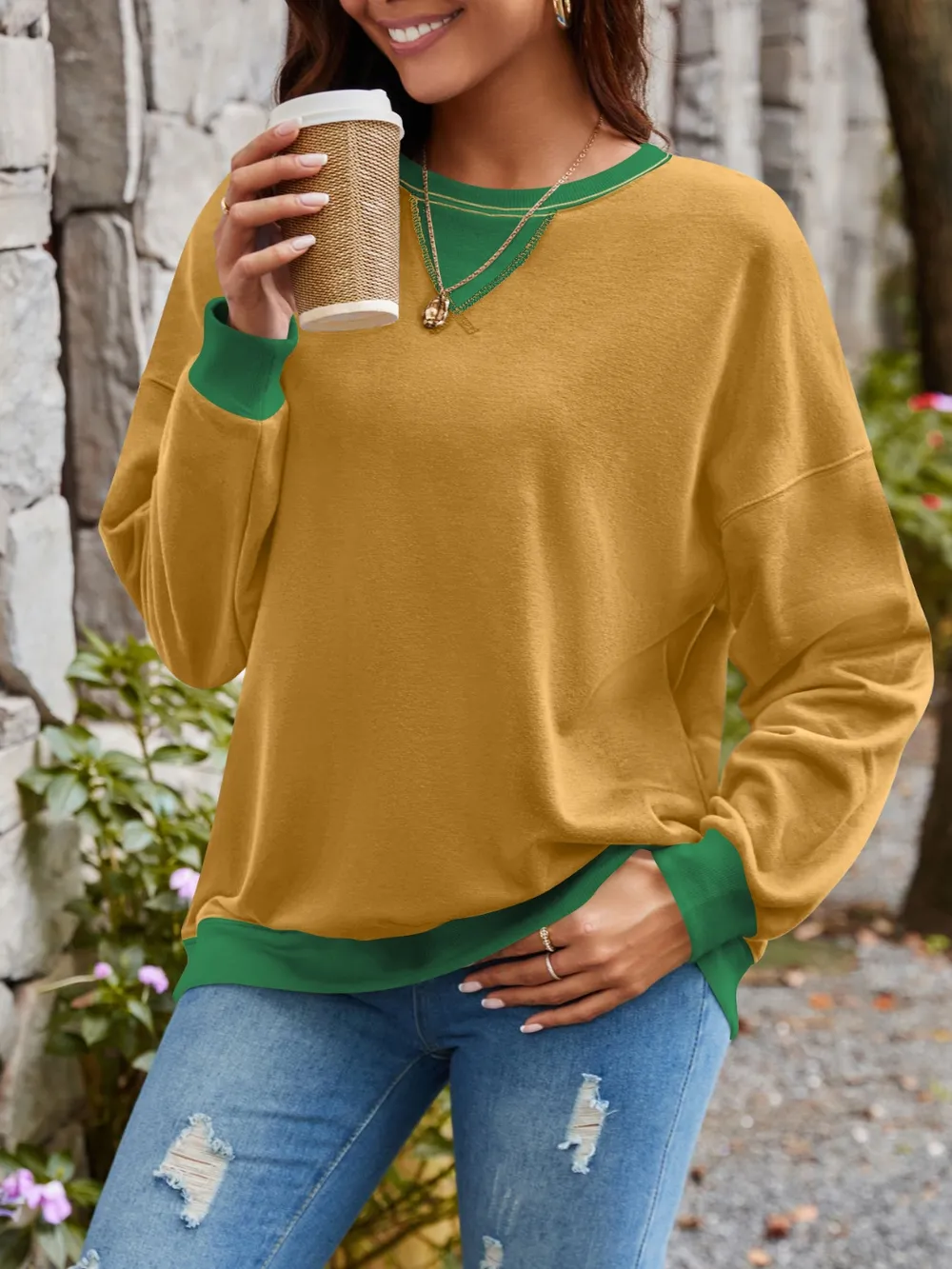 Contrast Round Neck Long Sleeve Sweatshirt, image 4