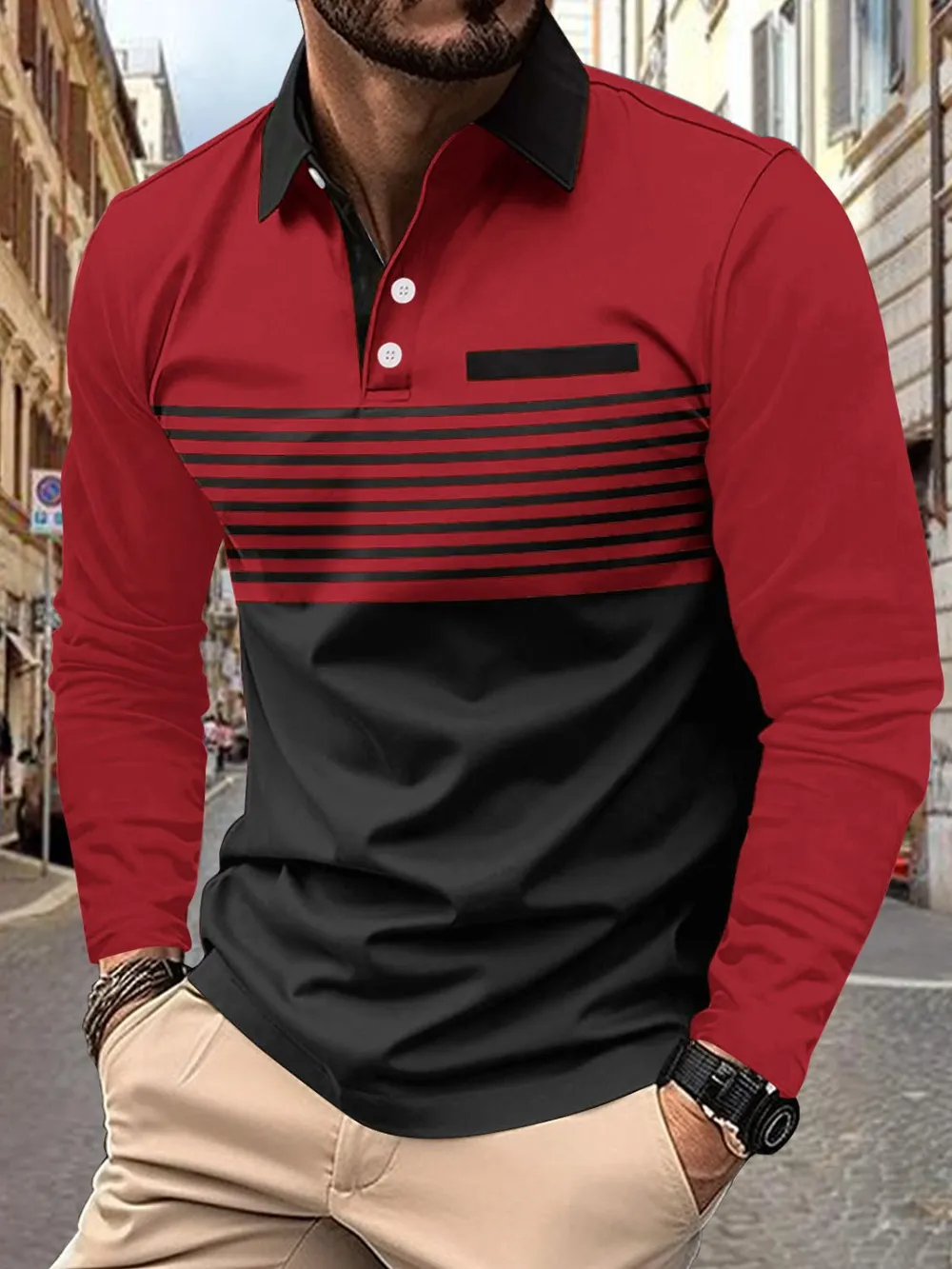 Men's Full Size Collared Neck Long Sleeve Striped Polo Plus Size, image 4