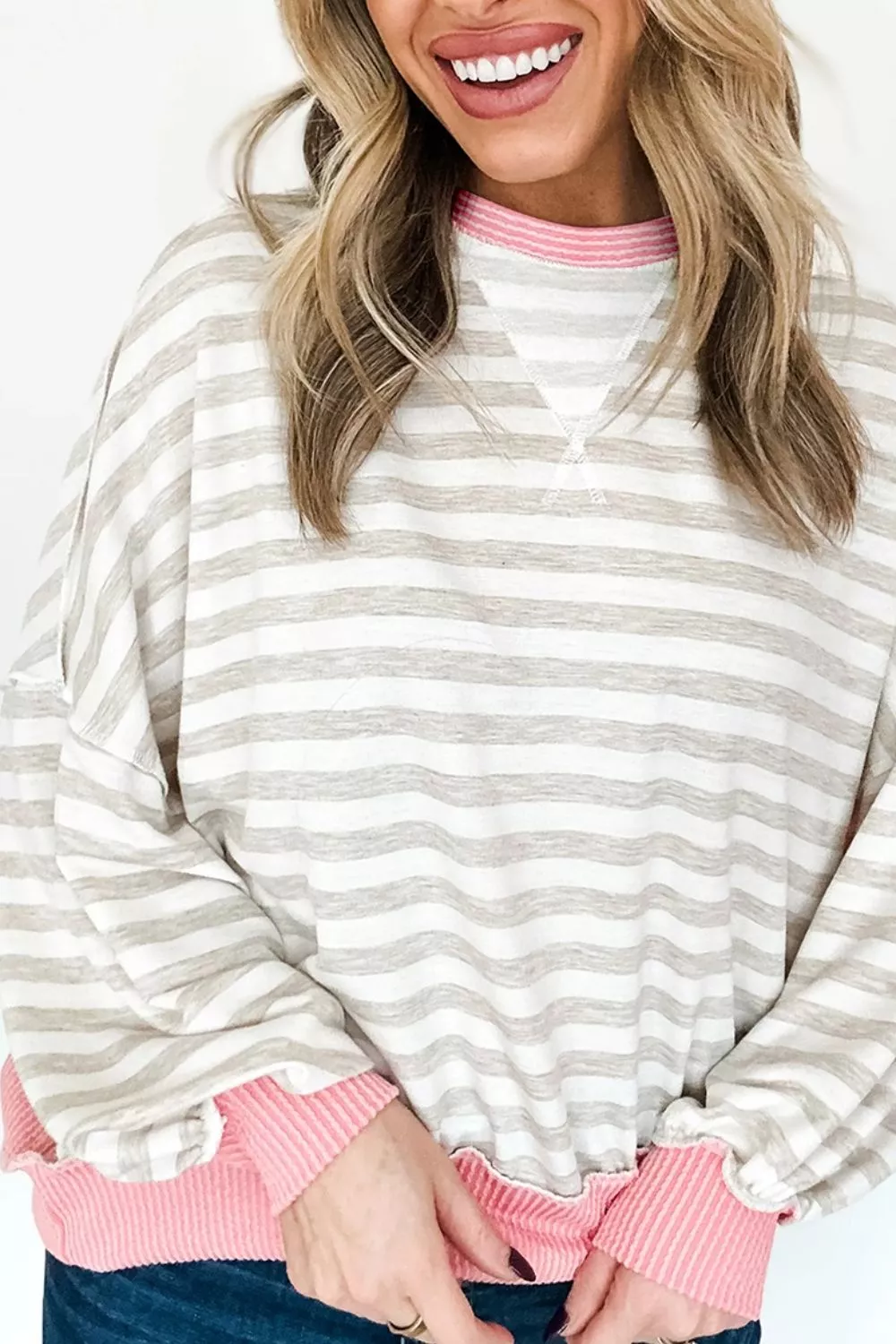 Twisted Rib Trim Striped Round Neck Loose Pullover Sweatshirt, image 6