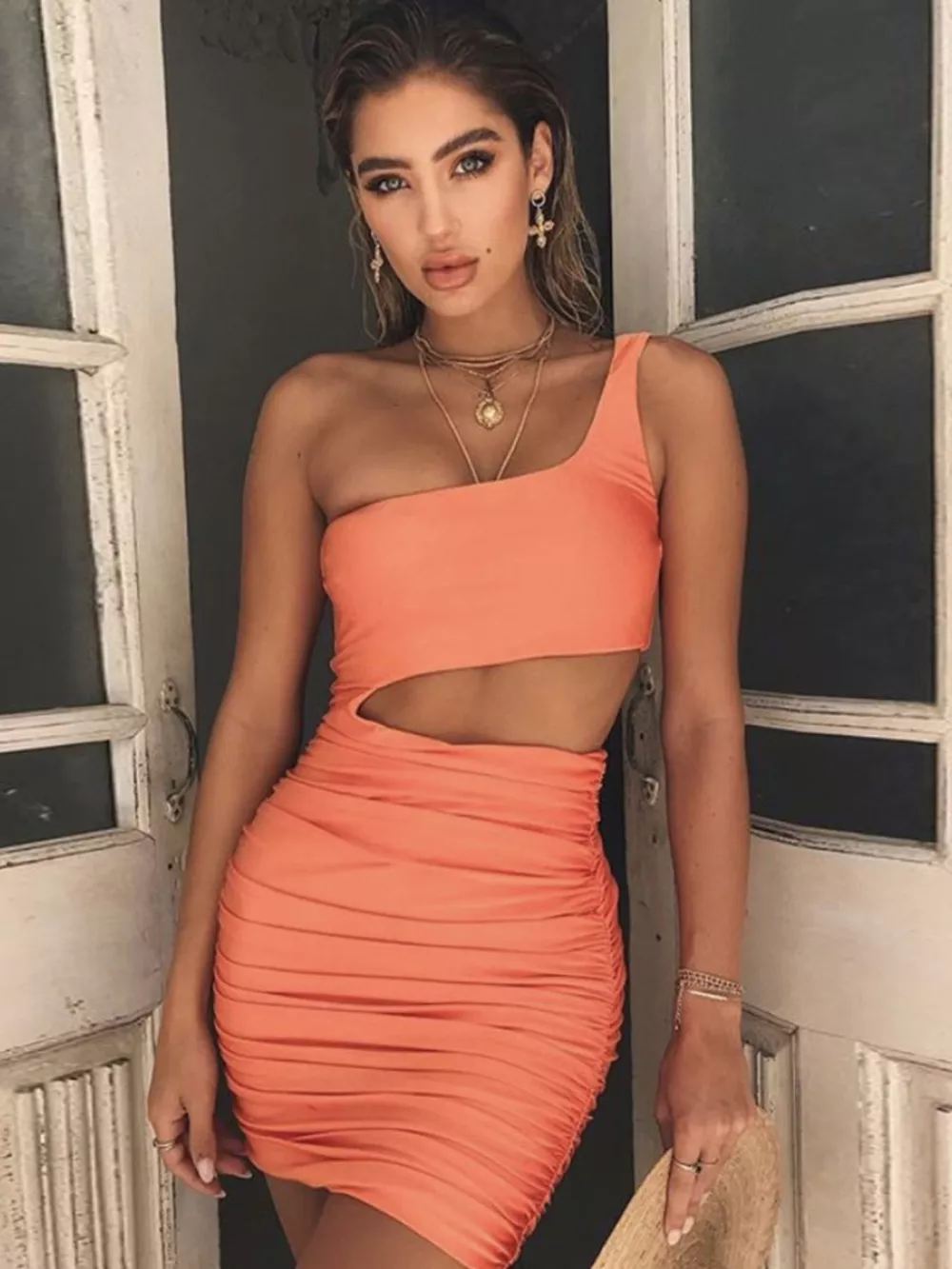 One-Shoulder Cutout Ruched Bodycon Mini Dress, image 76