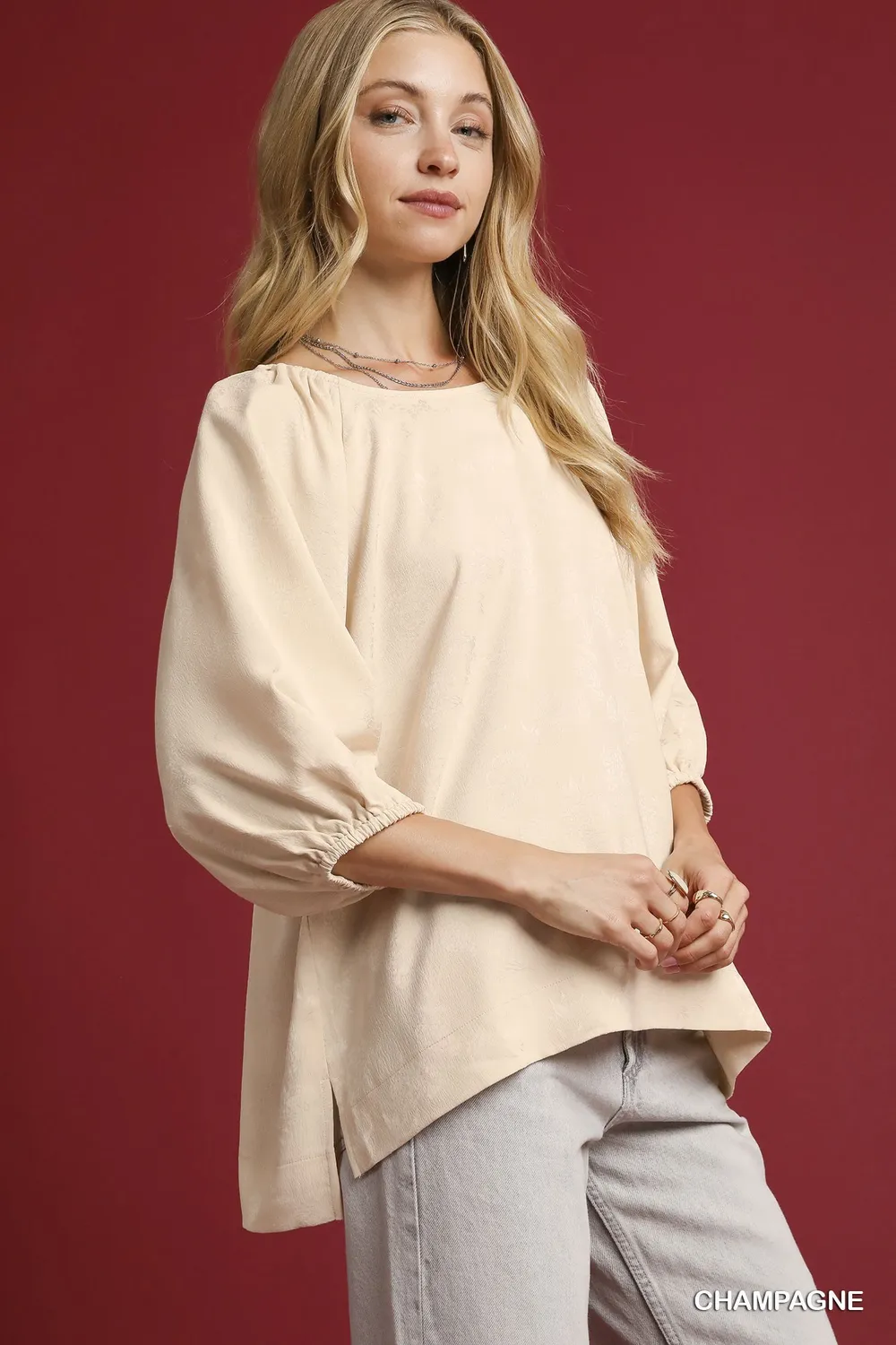 Satin Jacquard Balloon Sleeve Blouse, image 5