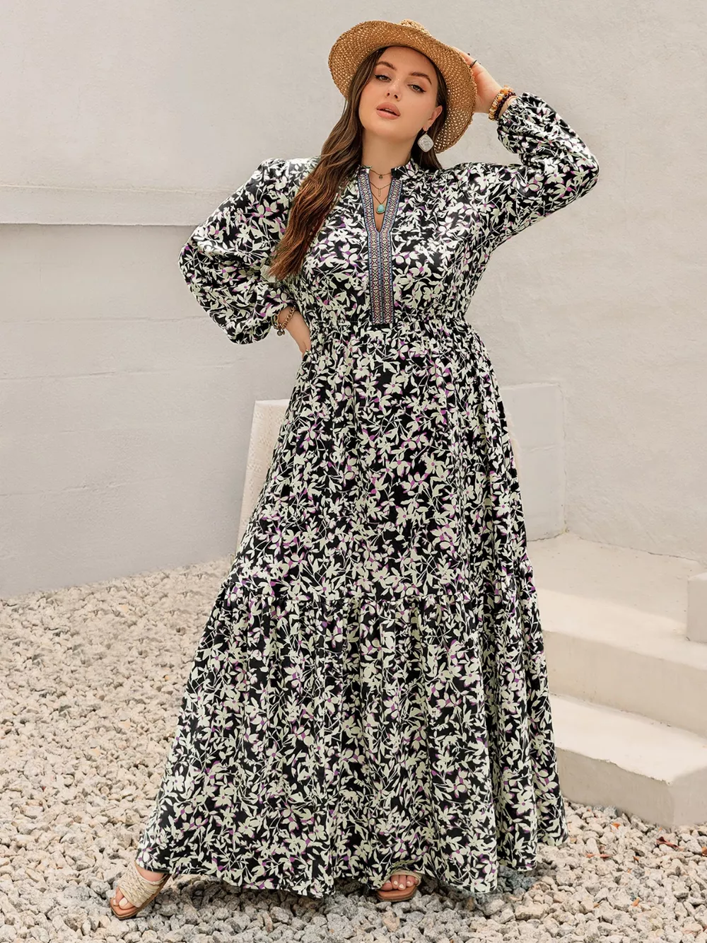 Plus Size Floral Print Long Sleeve Tiered Maxi Dress, image 4