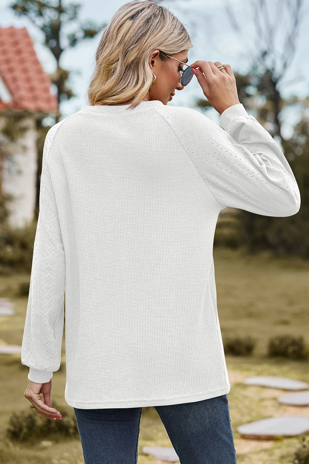 Eyelet Round Neck Long Sleeve T-Shirt, image 3