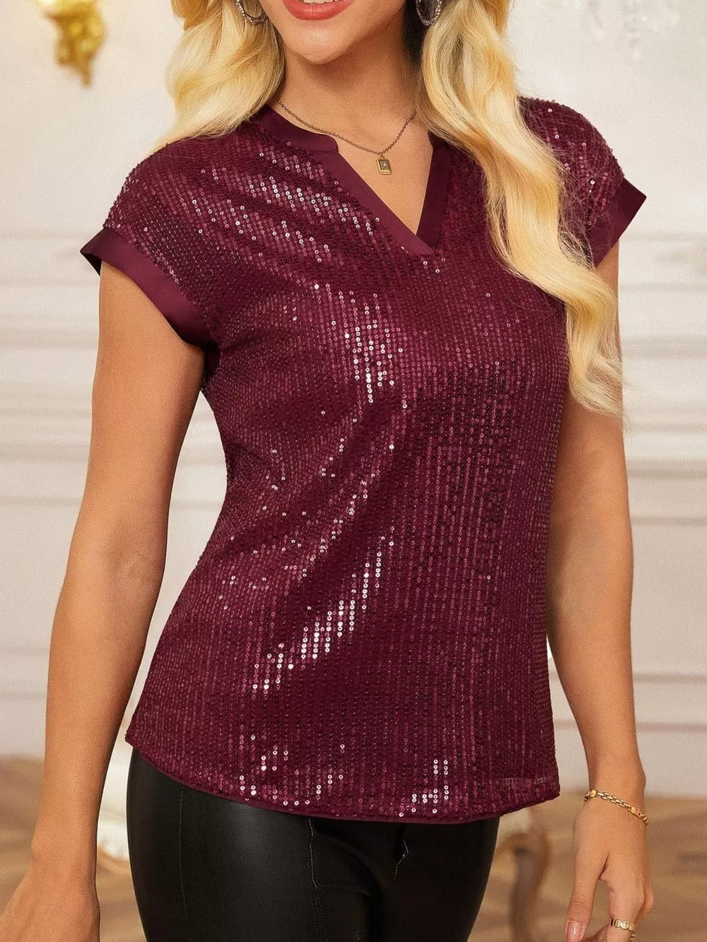 Sequin Notched Cap Sleeve Blouse, image 20