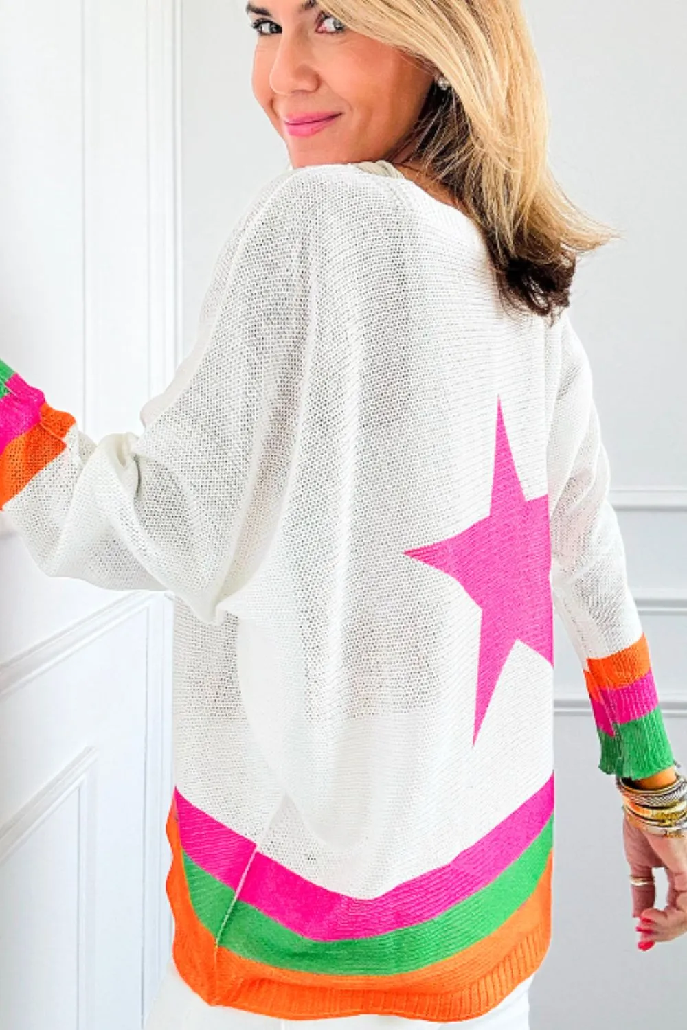 Star Contrast Round Neck Long Sleeve Knit Top, image 3