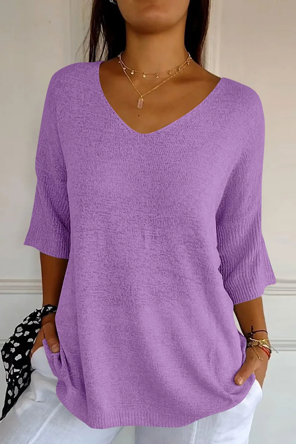 V-Neck Three-Quarter Sleeve Knit Top, image 19