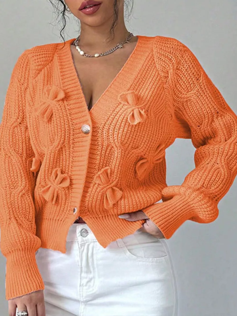 Bow Cable Knit V-Neck Cardigan, image 11