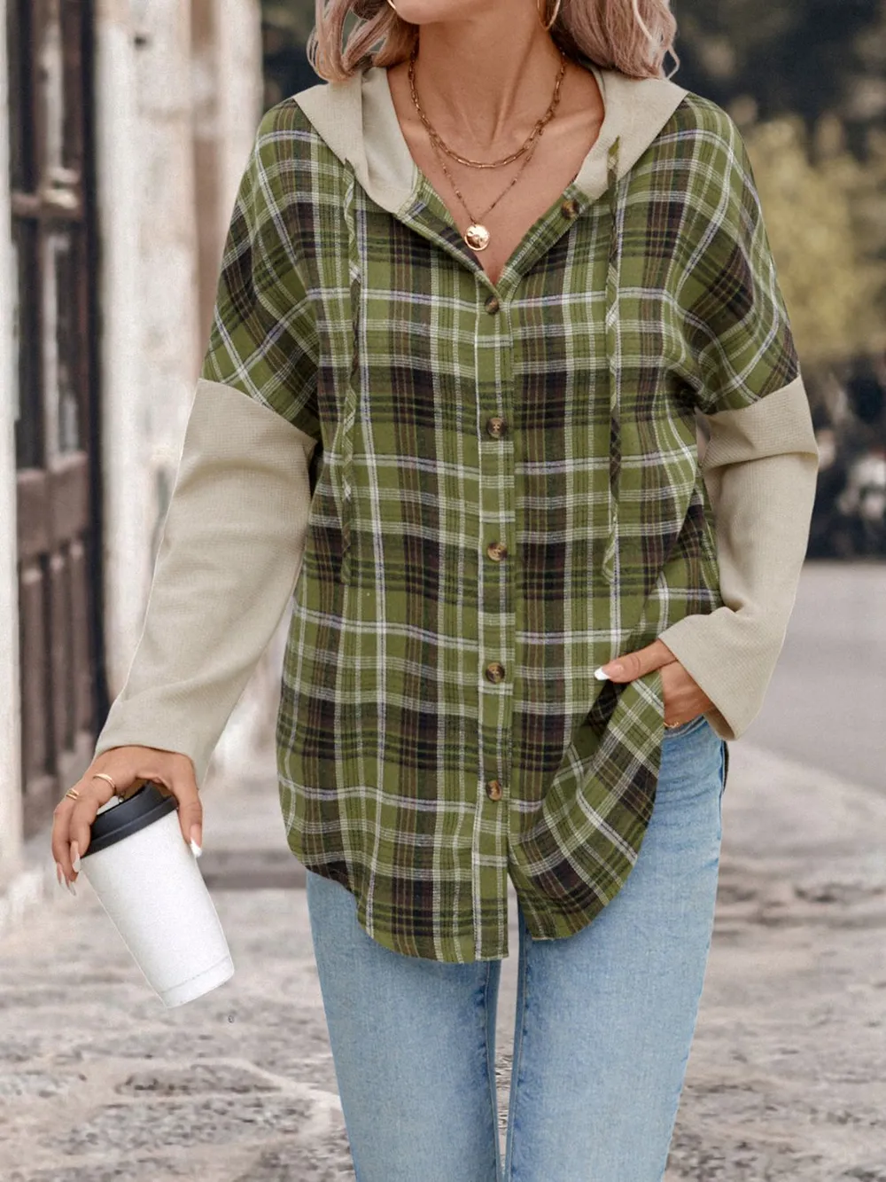 Drawstring Plaid Long Sleeve Hooded Shirt, image 3