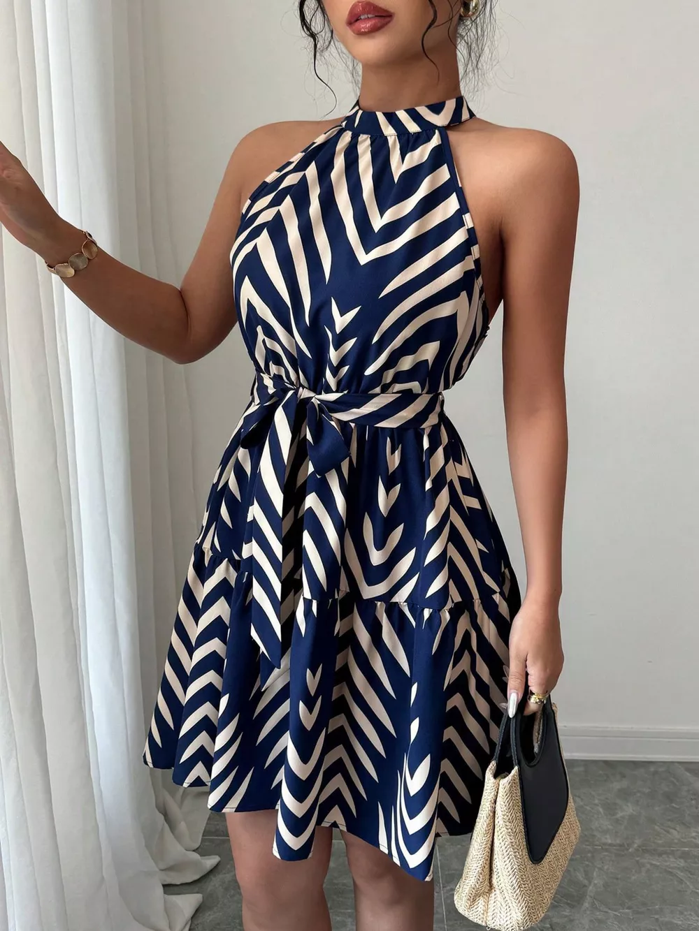 Zebra Print Halter Neck Tie Waist Ruffle Hem Dress, image 7