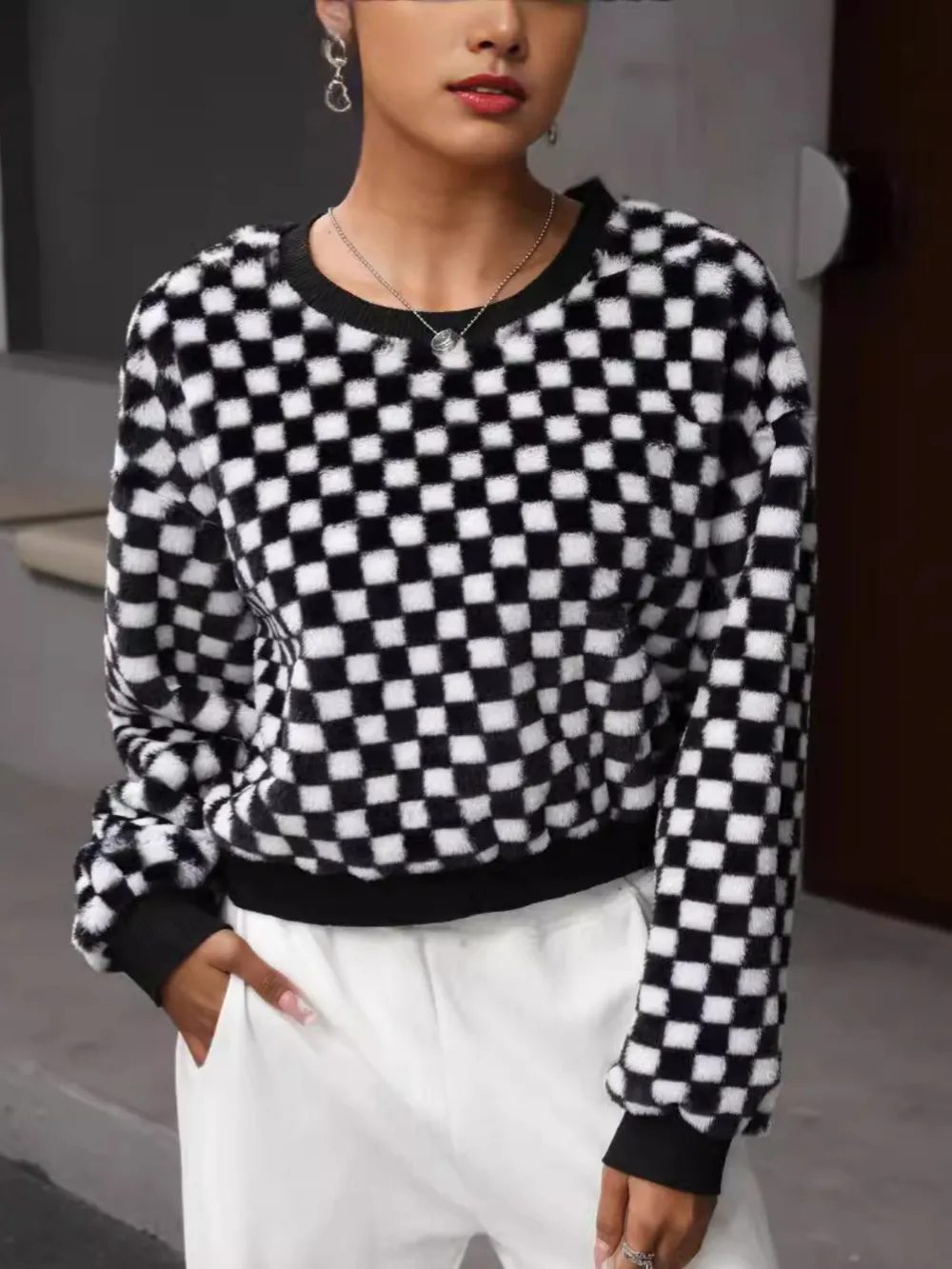 Plaid Round Neck Long Sleeve Sweatshirt, image 3