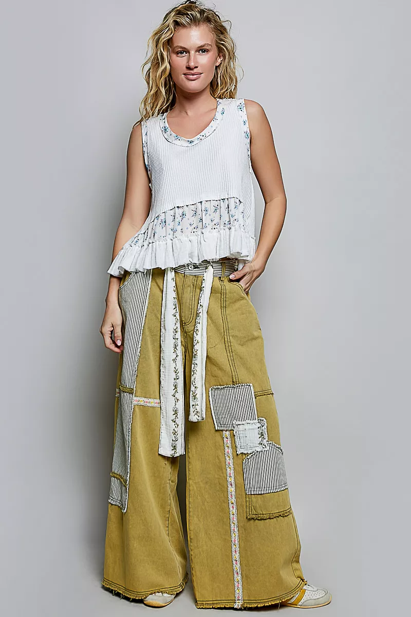 Floral Print Patche Round Neck Ribbed Tank with Double Gauze Ruffle Accents, image 2