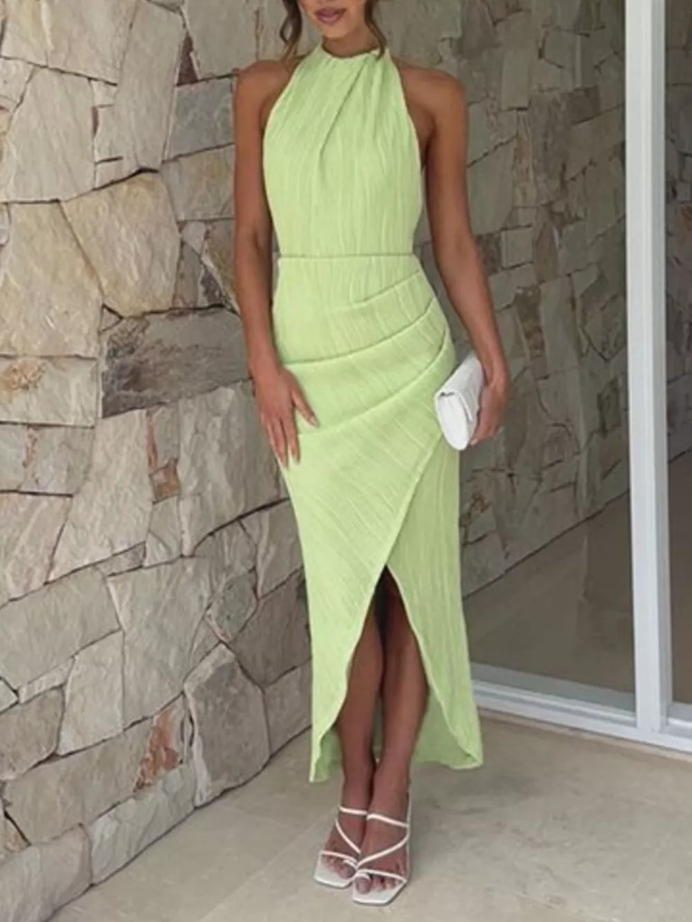 Halter Neck Ruched Slit Dress, image 5