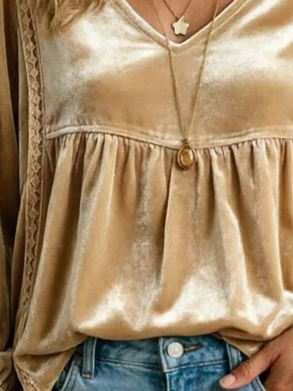 Full Size V-Neck Long Sleeve Velvet Blouse with Lace Trim Plus Size, image 21