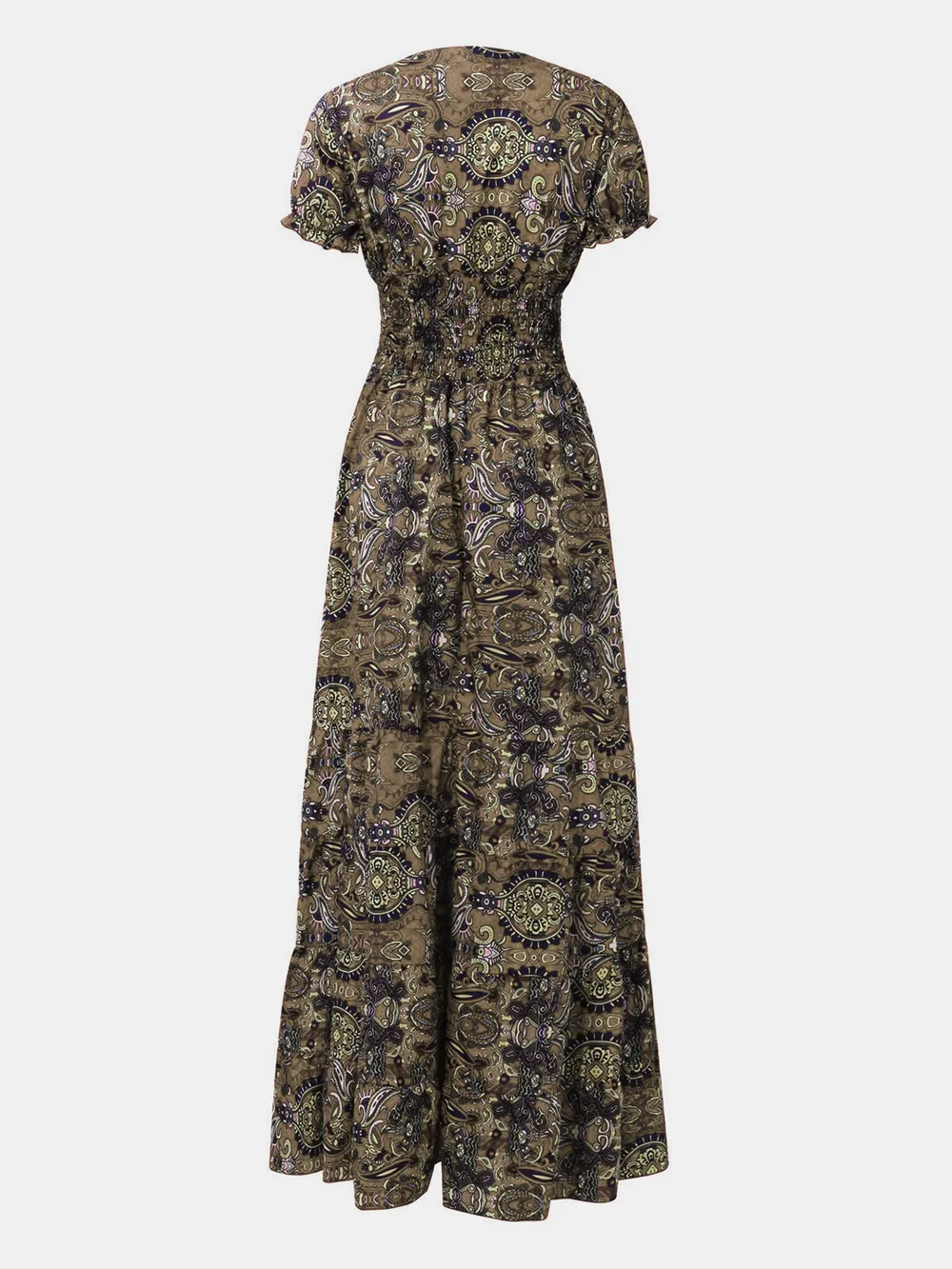 Full Size Smocked Printed V-Neck Short Sleeve Dress, image 7