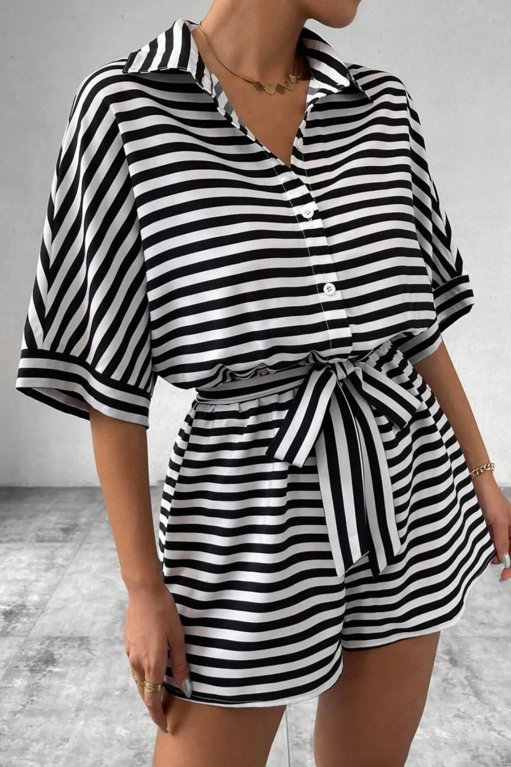 Striped Collared Neck Tie Waist Romper, image 10