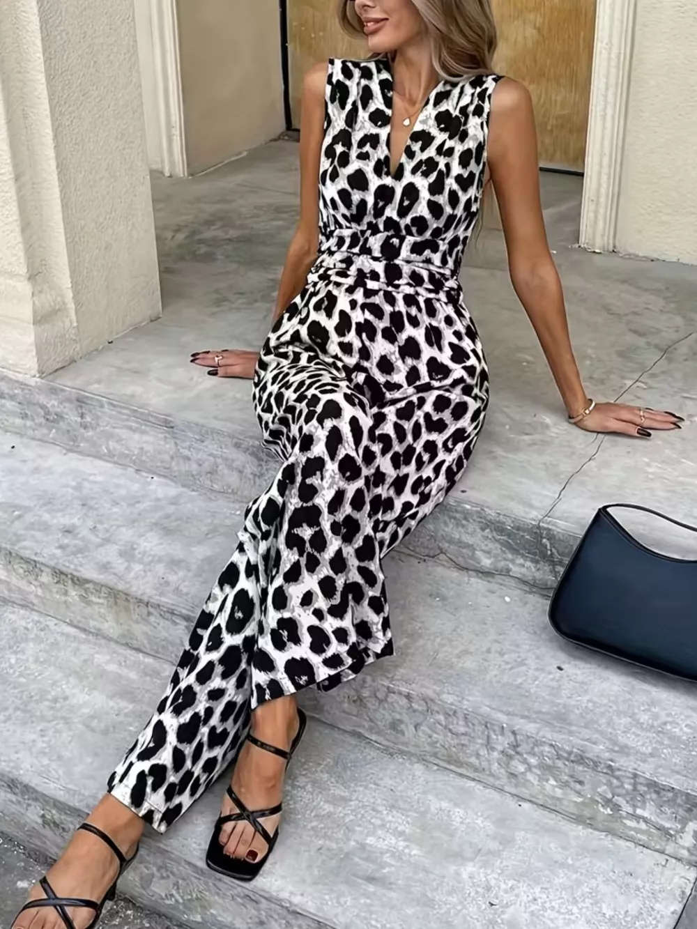 Sleeveless V-Neck Leopard Print Wide Leg Jumpsuit, image 8