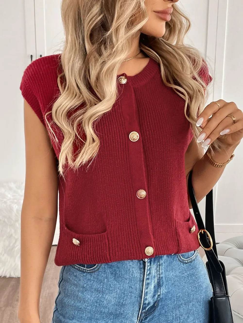Pocketed Round Neck Cap Sleeve Cardigan, image 4