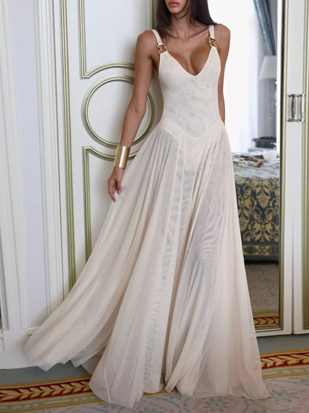 Sleeveless Sheer Maxi Dress with Gold Hardware Detail, image 4