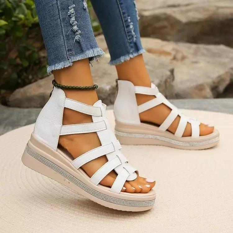 Cutout Rhinestone Trim Wedge Sandals, image 2