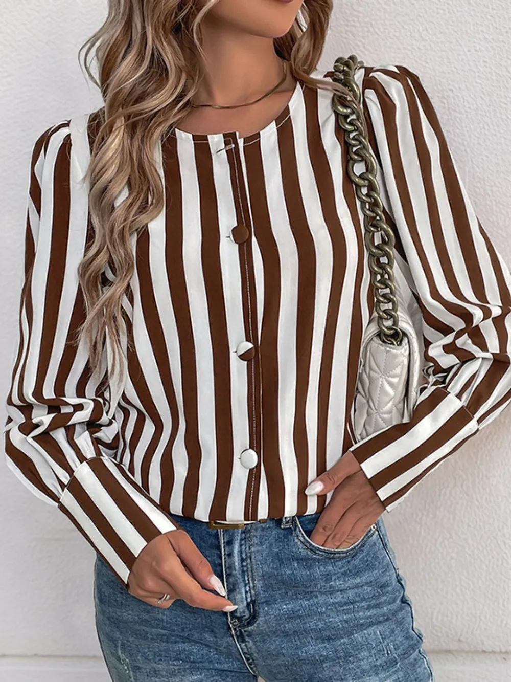 Striped Round Neck Long Sleeve Blouse, image 4