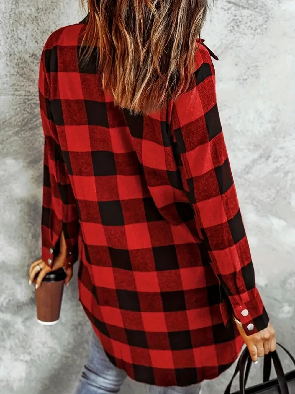 Plaid Collared Neck Snap Down Long Sleeve Jacket, image 3